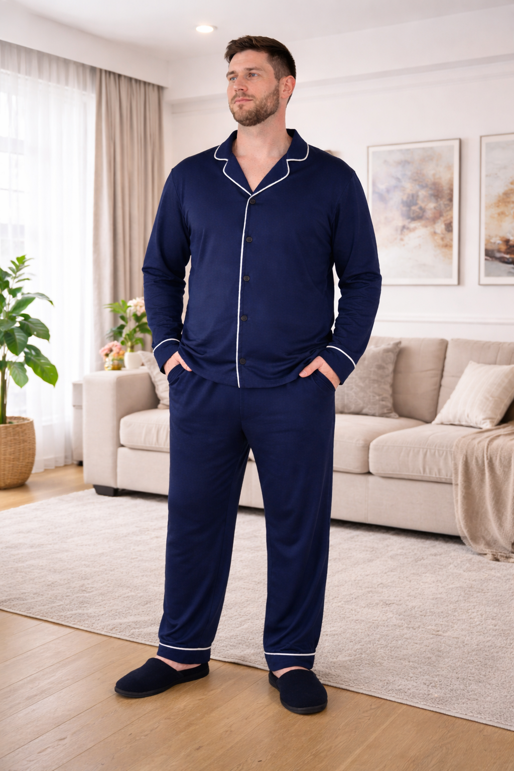 Navy Blue Men Pajama, Pants - Shirt Set, Natural Sleepwear, Long Sleeve Outfit, Homeware for Him, Men pjs