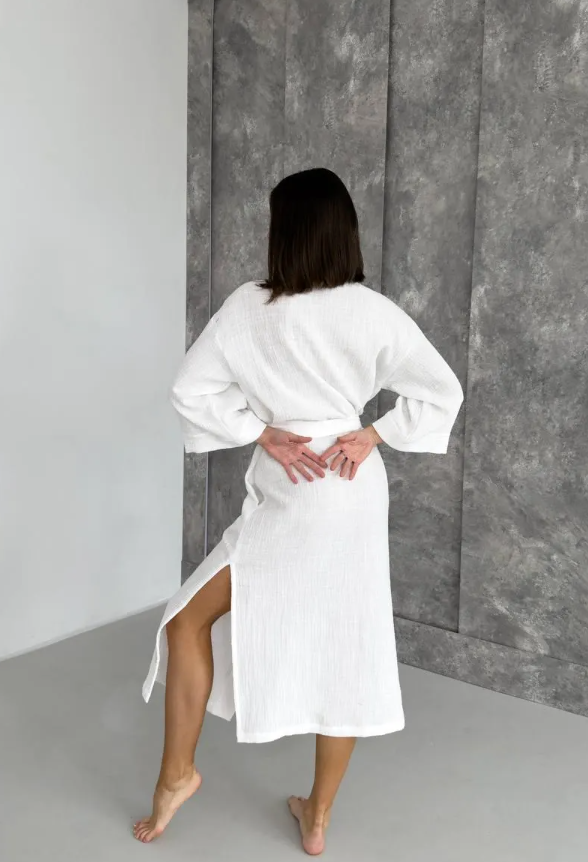 White Muslin Cotton Kimono Robe, Autumn Casual Loungewear, Minimalist Fall Robe, Cotton Robe with Pockets & Long Sleeves, Mom Birthday Gift