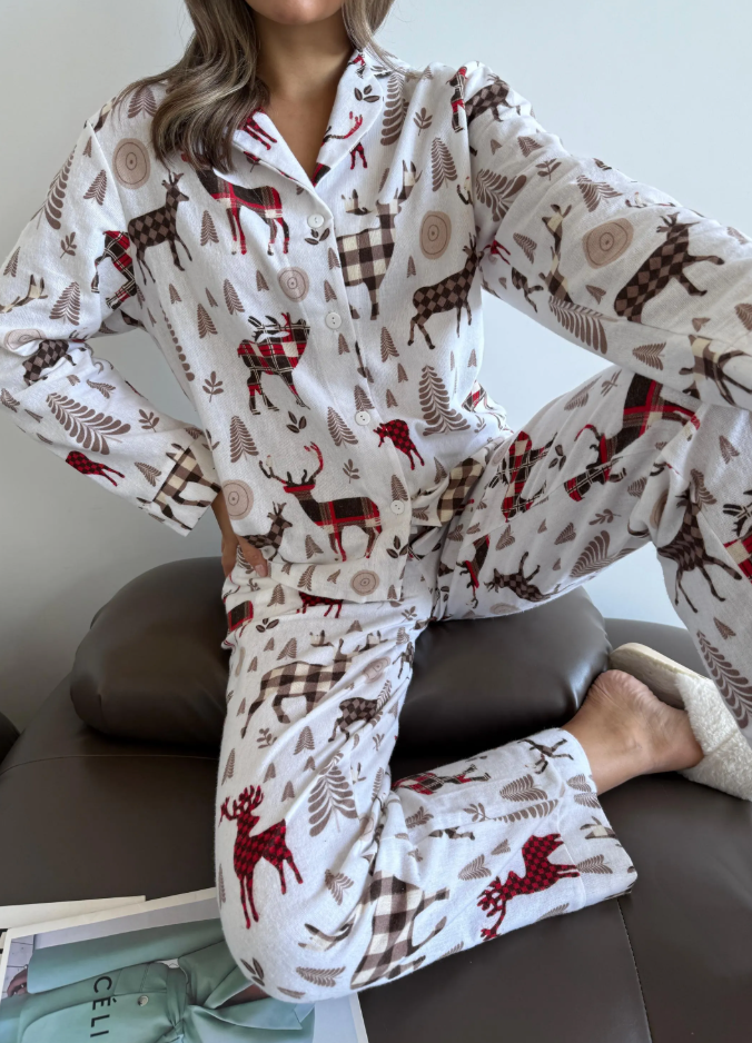 Deer Pattern Pajama Set of 2, Eco Cotton Women Homeware, Warm Fall Long Sleeve PJS, Deers Print cute Pajamas, Autumn pjs, Girlfriend Gift