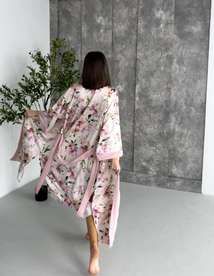 Floral Pink Satin Kimono for Women