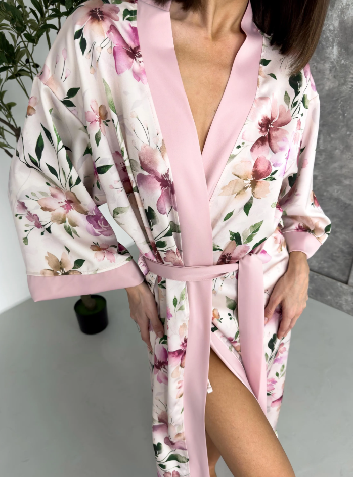Floral Pink Satin Kimono for Women