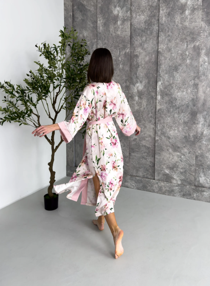 Floral Pink Satin Kimono for Women