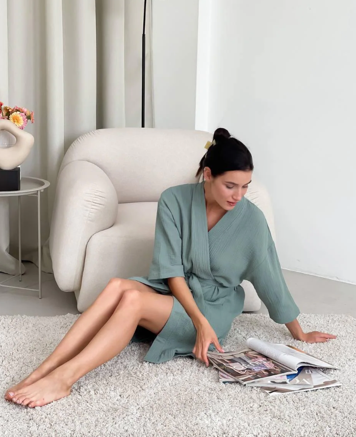 Dark Olive Muslin Kimono Robe