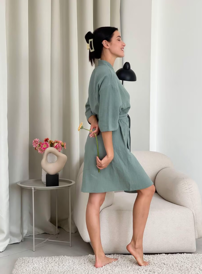 Dark Olive Muslin Kimono Robe