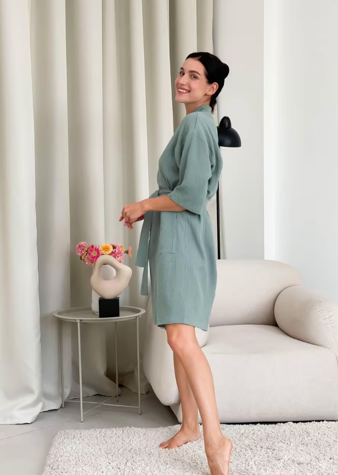 Dark Olive Muslin Kimono Robe