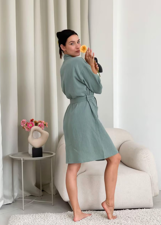 Dark Olive Muslin Kimono Robe