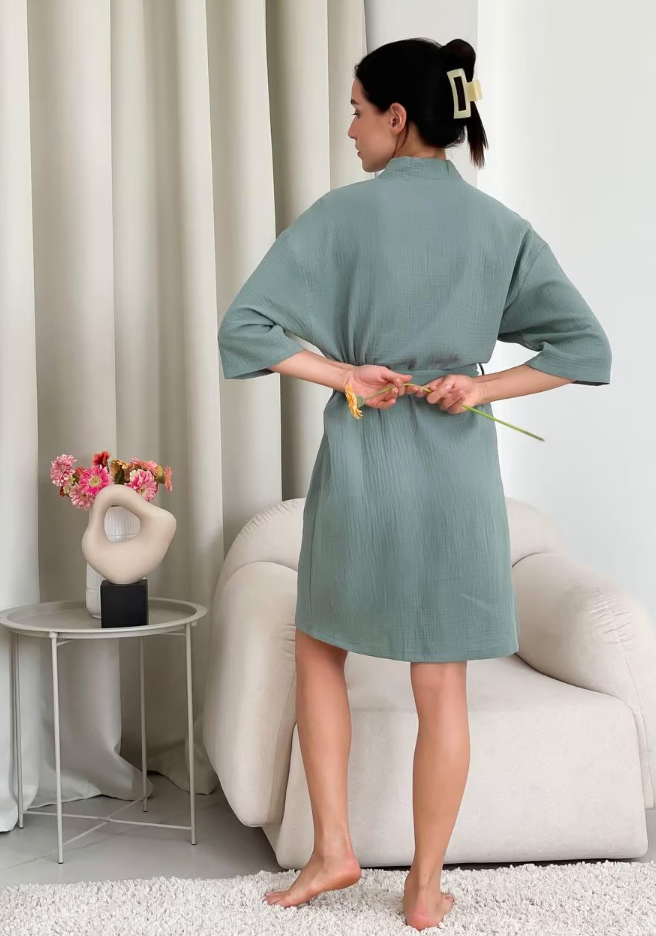 Dark Olive Muslin Kimono Robe
