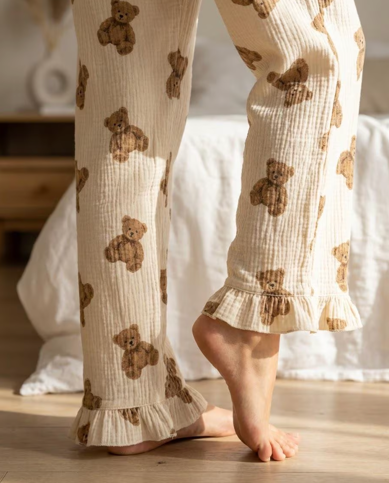 Teddy Bear Print Pajama Set Ruffle