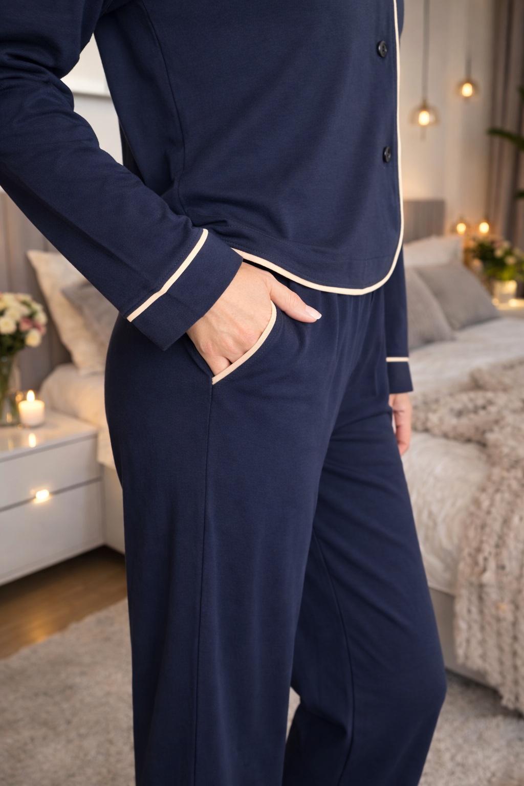 Navy Blue Women Pajama Set, Classic Sleepwear for Her, Women Luxury Long Sleeve pjs, pajama party outfit