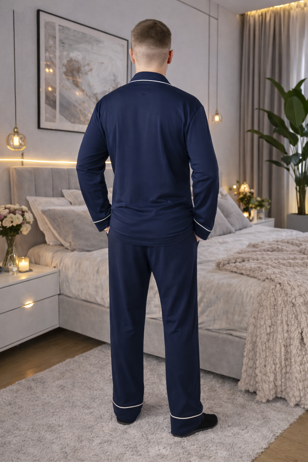 Navy Blue Men Pajama, Pants - Shirt Set, Natural Sleepwear, Long Sleeve Outfit, Homeware for Him, Men pjs