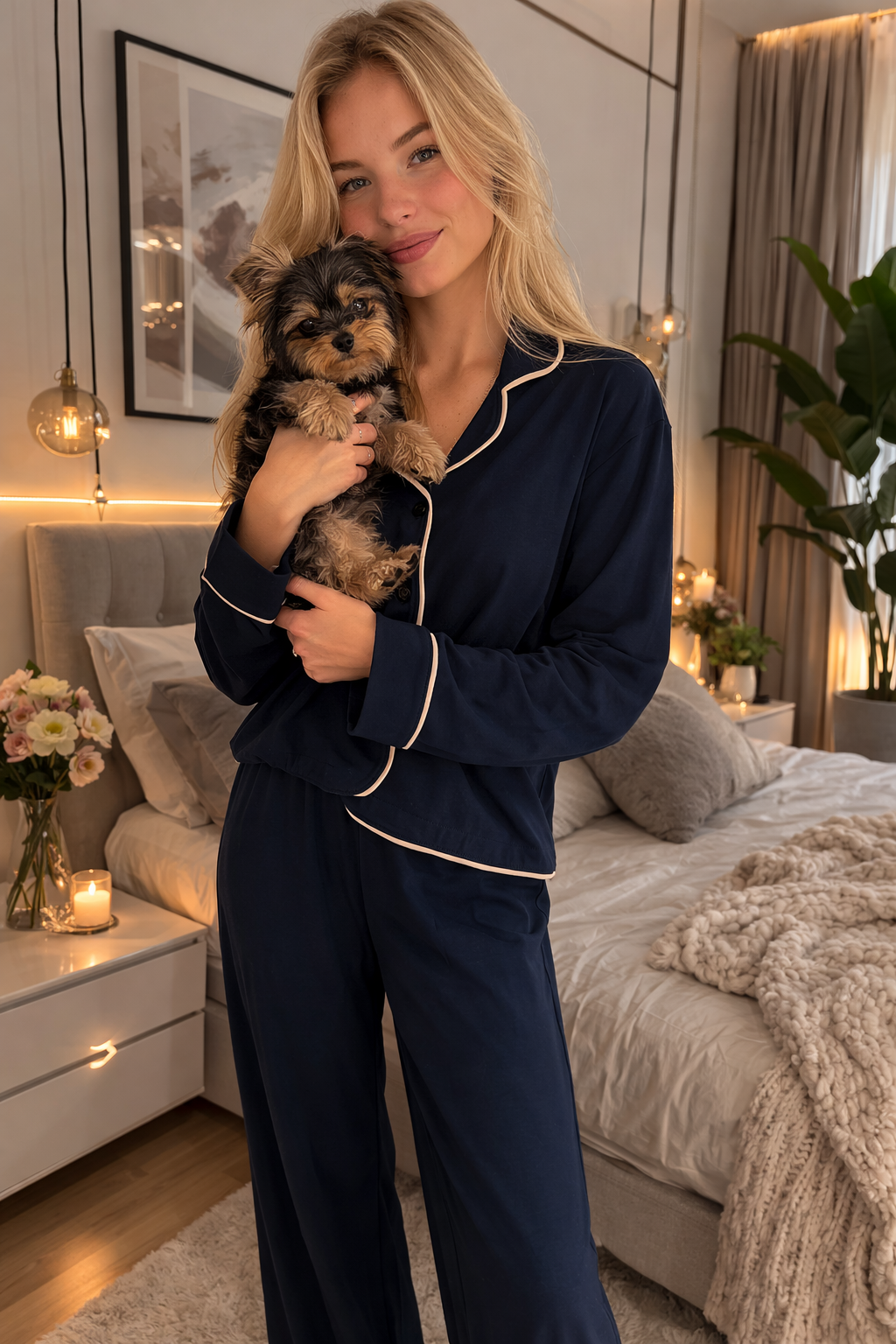 Navy Blue Women Pajama Set, Classic Sleepwear for Her, Women Luxury Long Sleeve pjs, pajama party outfit