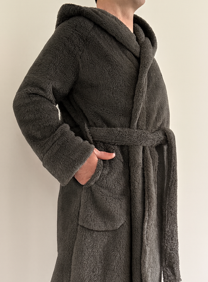Men Dark Gray Plush Robe, Warm Bath robe with Hood, Fall Soft Sparobe, Autumn Long Sleeve Robe, Husband Birthday Gift