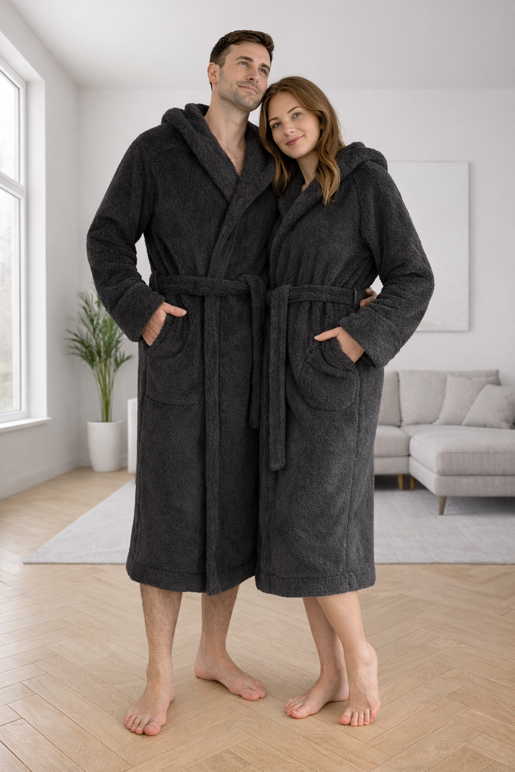 Men Dark Gray Plush Robe, Warm Bath robe with Hood, Fall Soft Sparobe, Autumn Long Sleeve Robe, Husband Birthday Gift