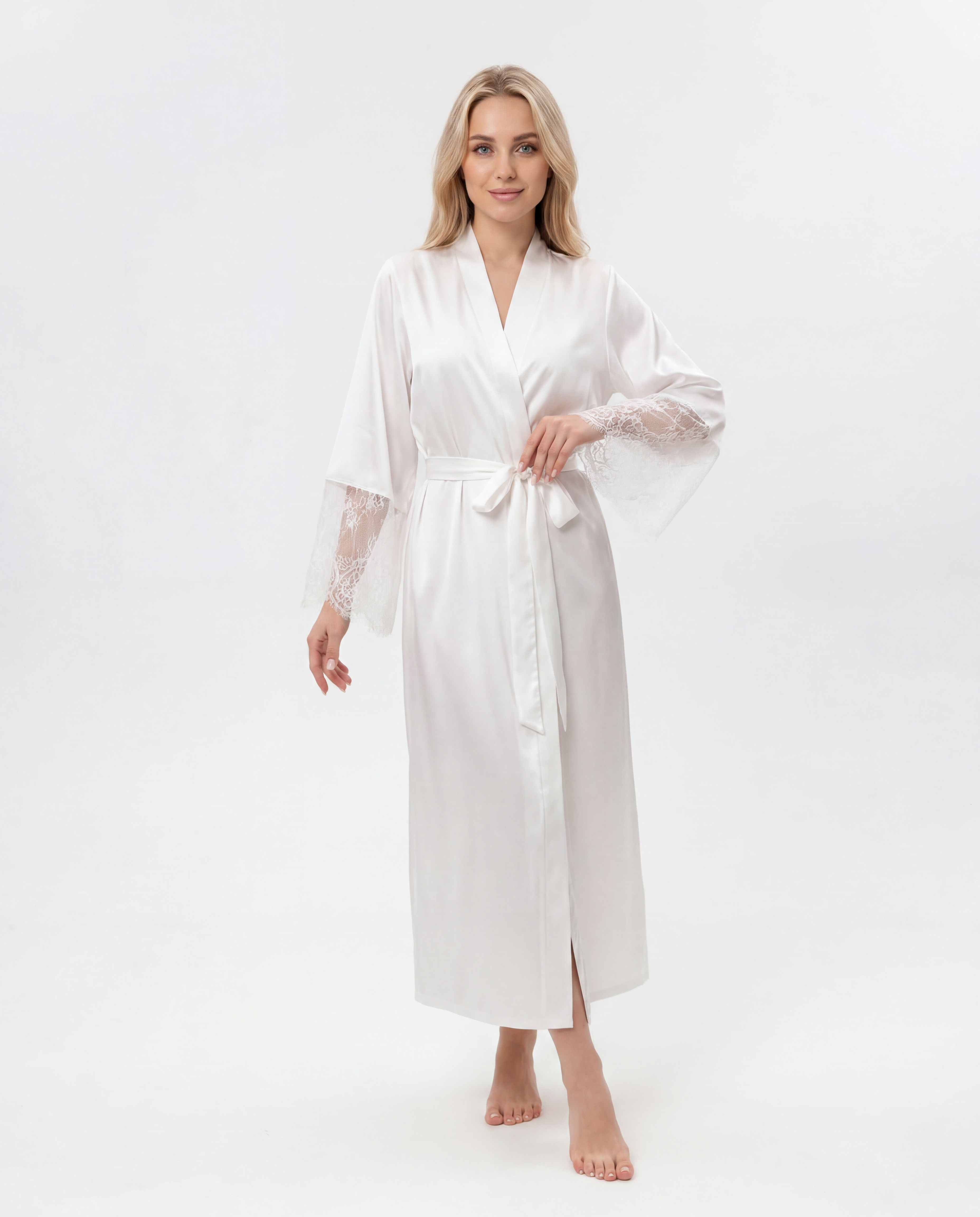 Ivory Silk Bridal Robe with Lace