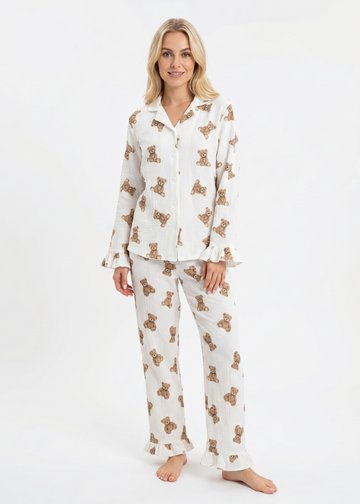 Teddy Bear Print Pajama Set Ruffle