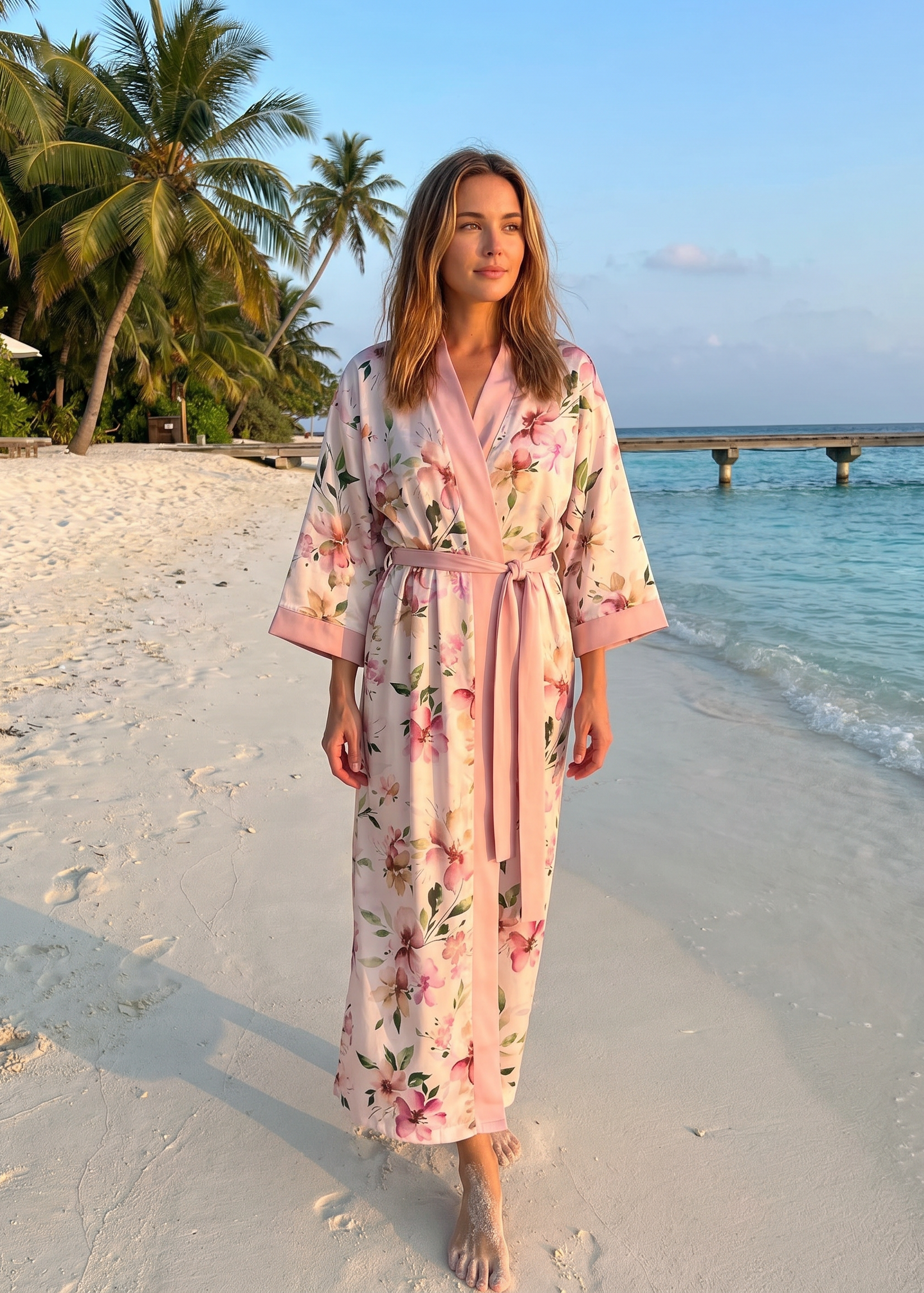 Floral Pink Satin Kimono for Women