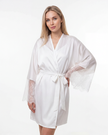 Short Silk Bridal Robe with Lace Sleeves