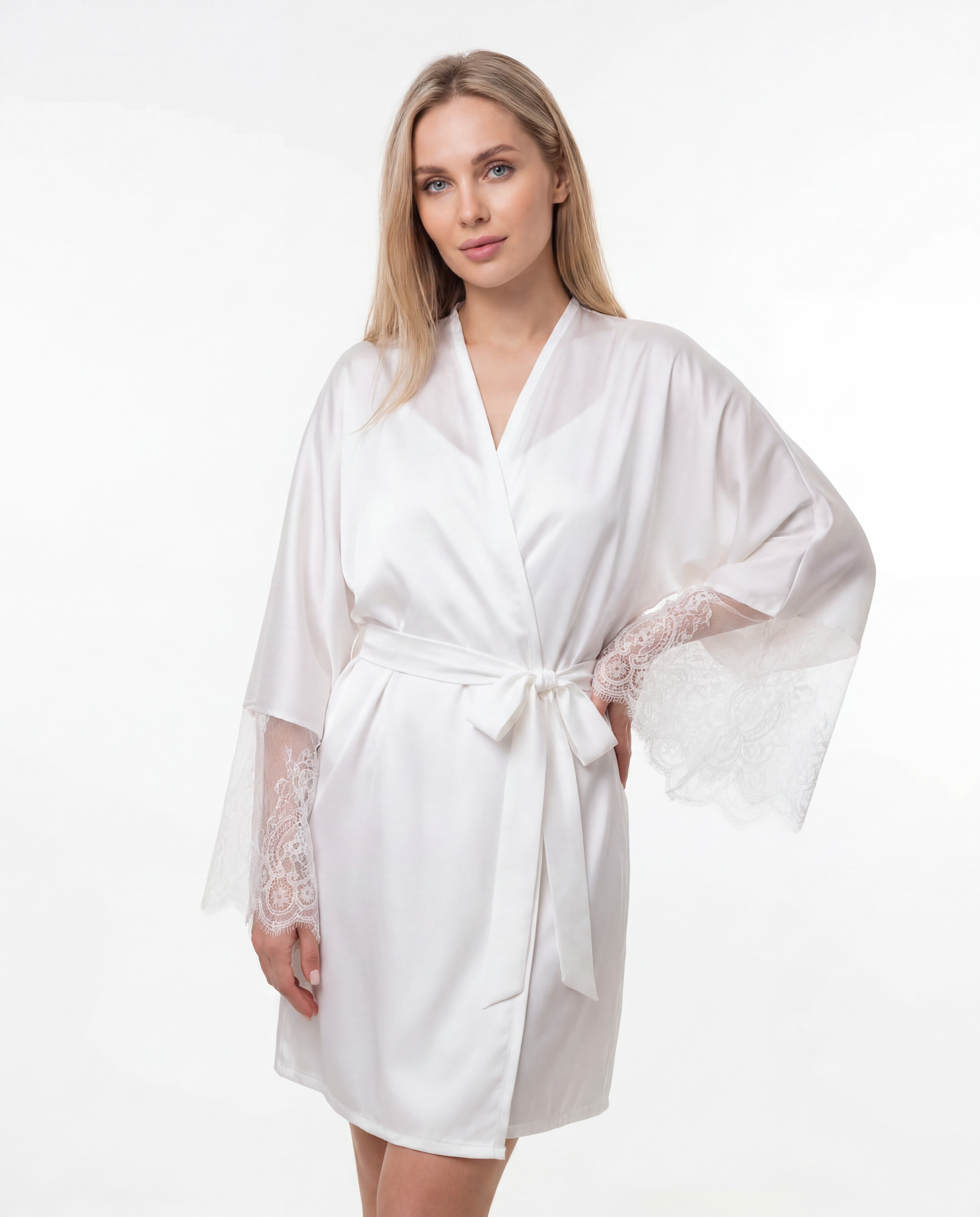 Short Silk Bridal Robe with Lace Sleeves