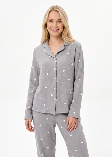 Women’s Grey Muslin Pajama Set with Hearts