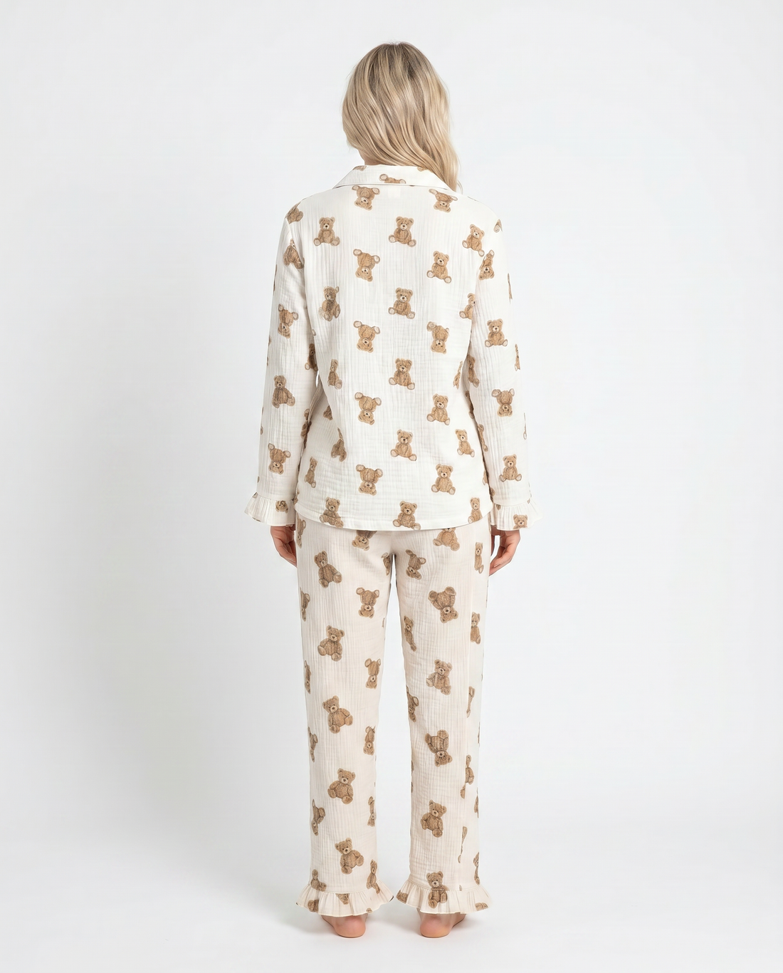 Teddy Bear Print Pajama Set Ruffle