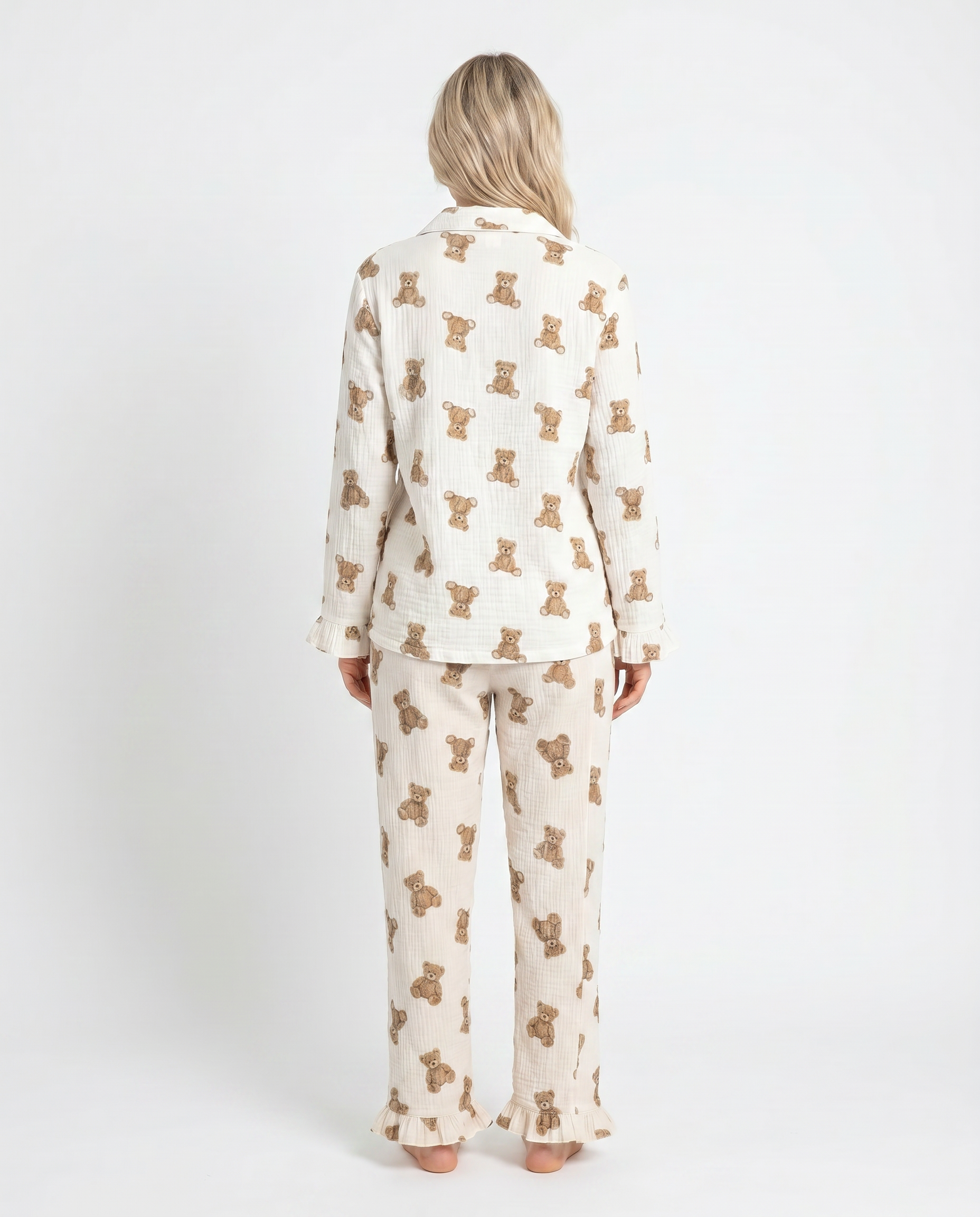 Teddy Bear Print Pajama Set Ruffle