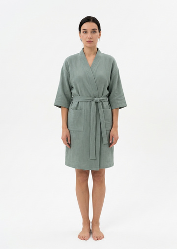 Dark Olive Muslin Kimono Robe