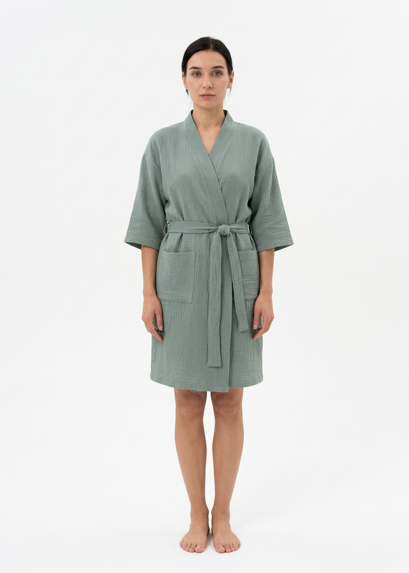 Dark Olive Muslin Kimono Robe
