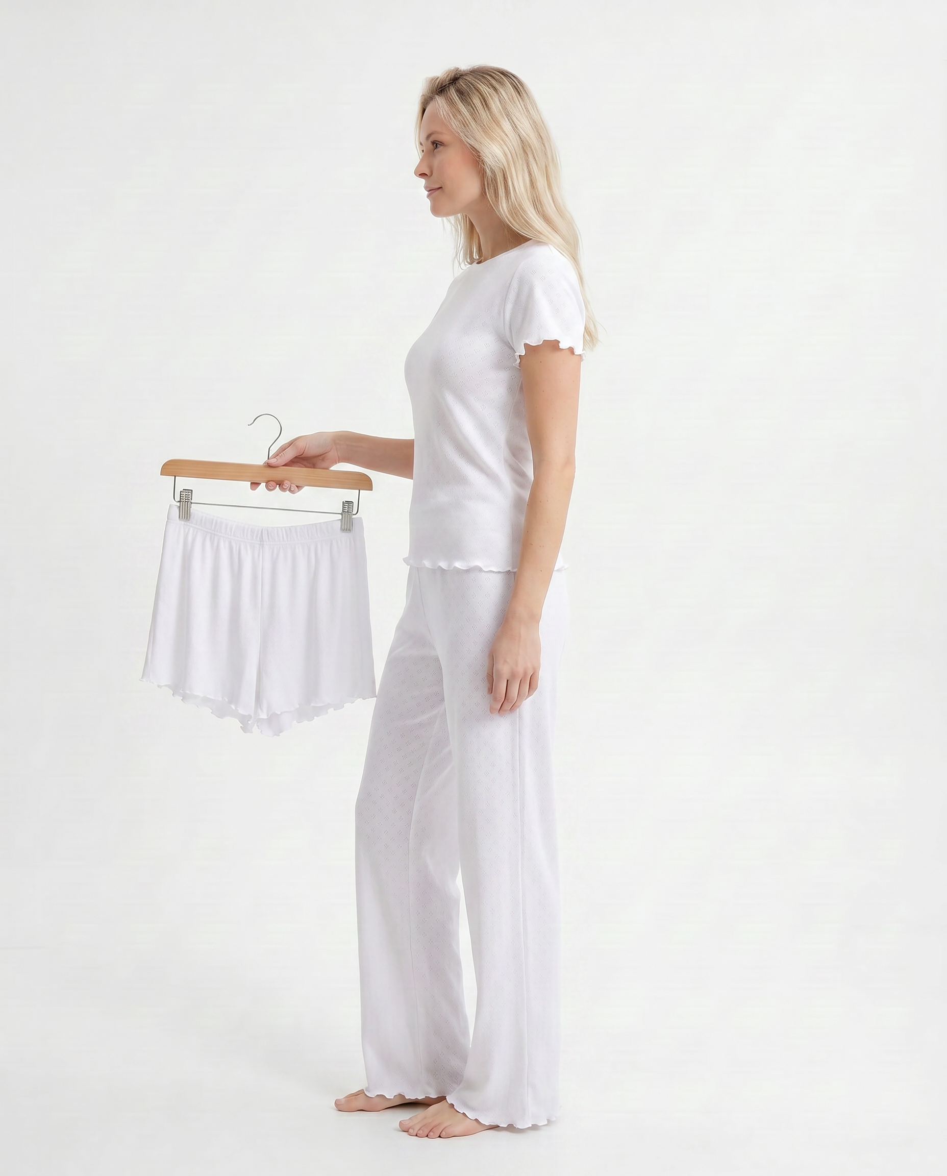 3-Piece Cotton Pajama Set with Ruffles – T-Shirt, Shorts & Pants