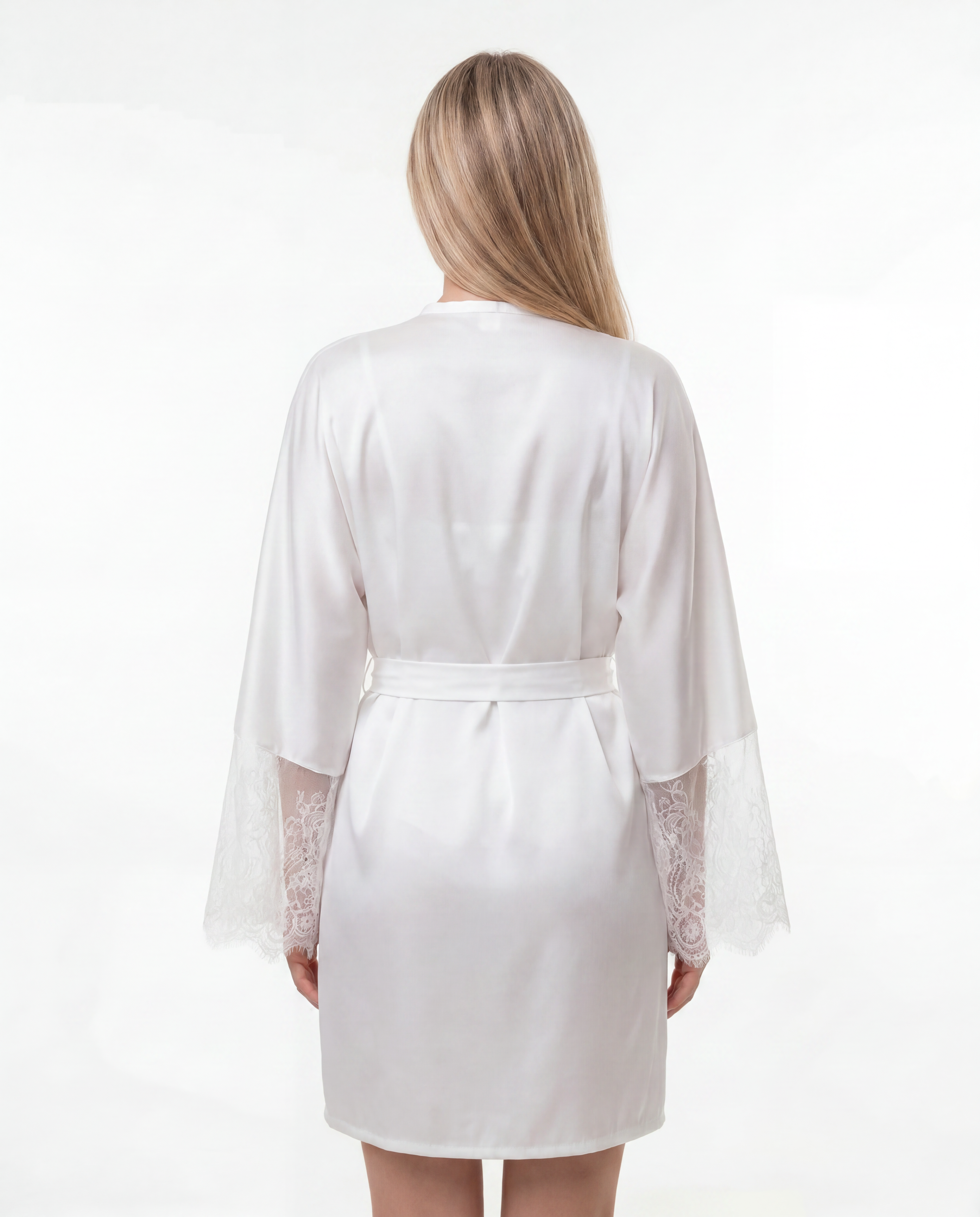 Short Silk Bridal Robe with Lace Sleeves