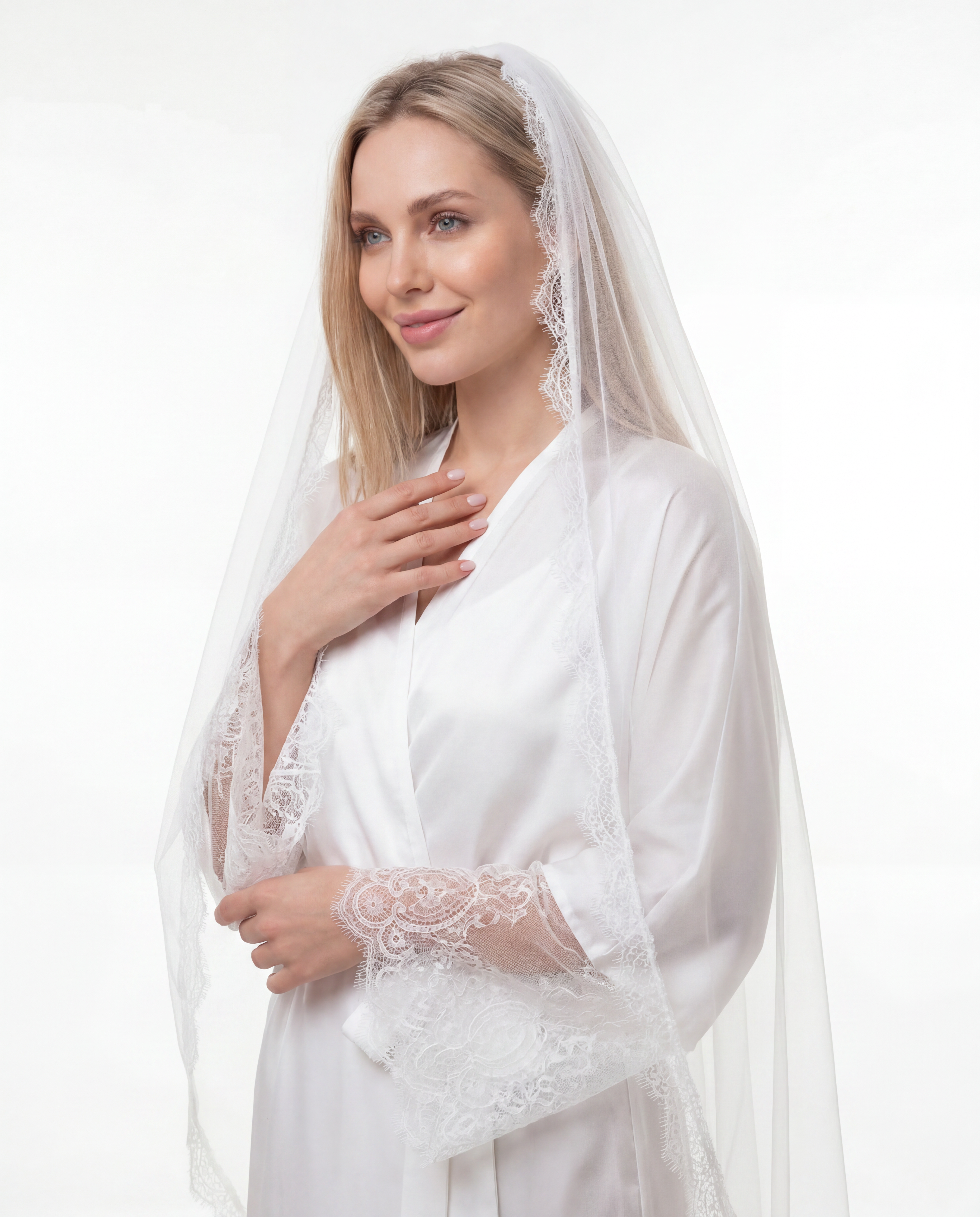 Short Silk Bridal Robe with Lace Sleeves