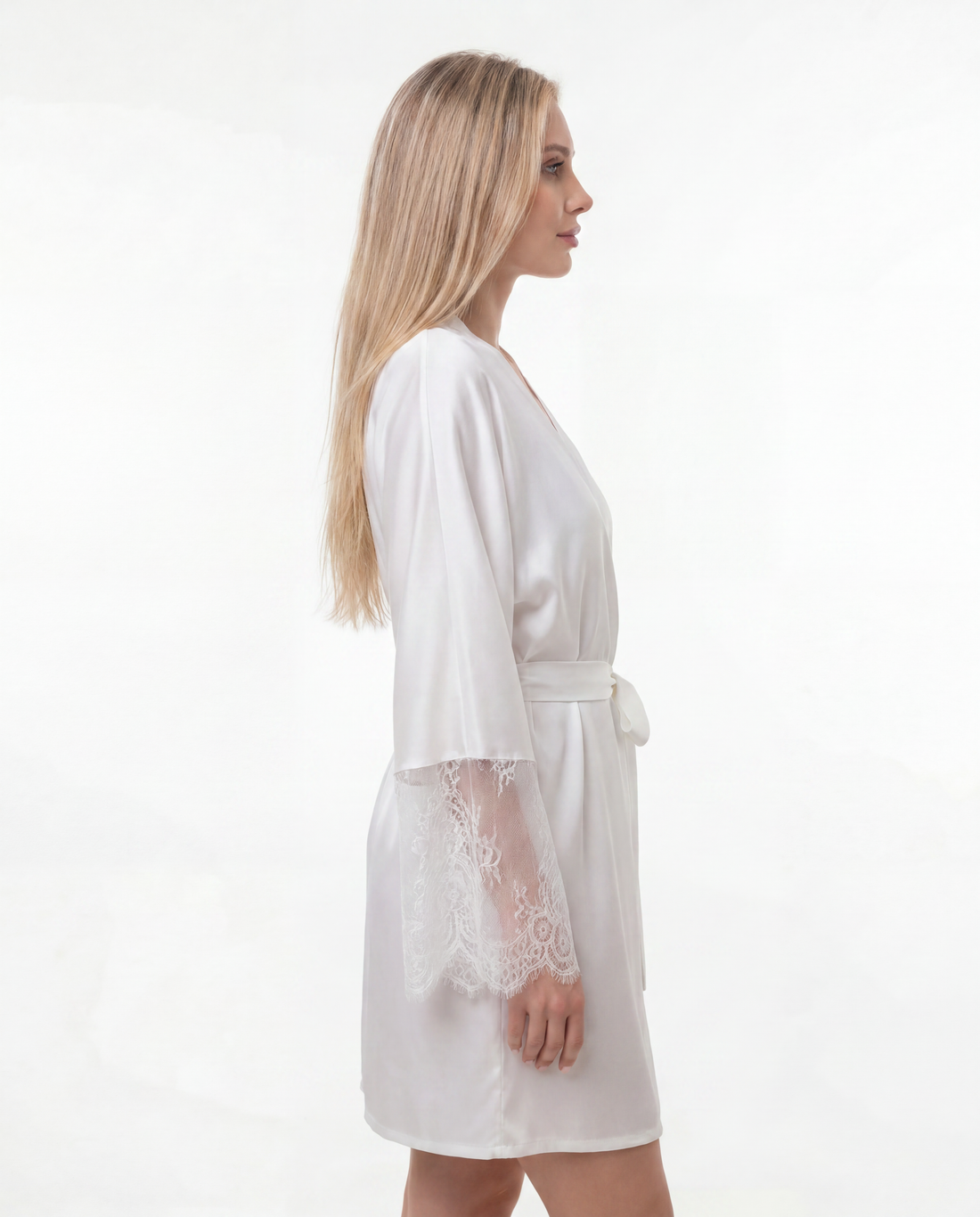 Short Silk Bridal Robe with Lace Sleeves