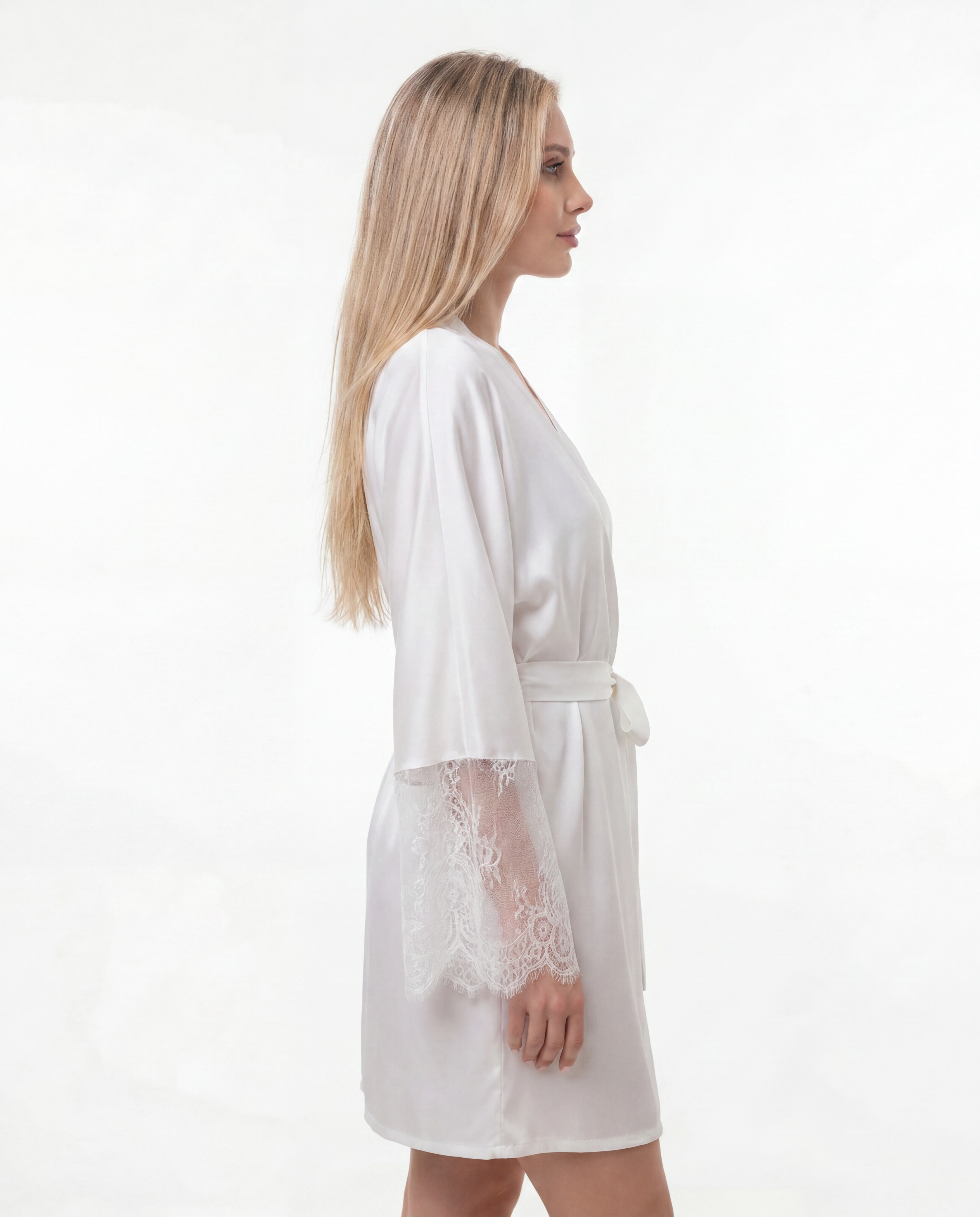 Short Silk Bridal Robe with Lace Sleeves