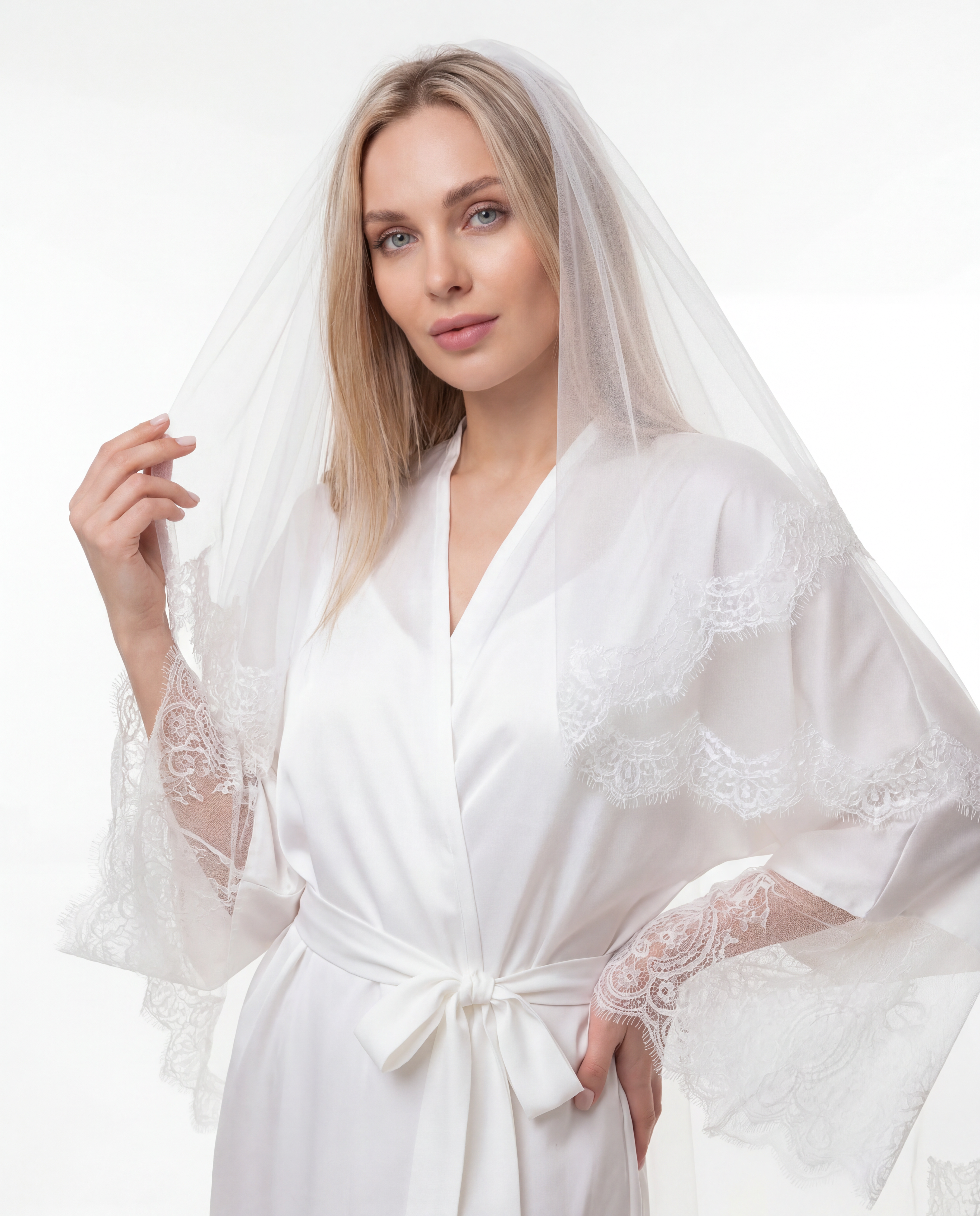 Short Silk Bridal Robe with Lace Sleeves