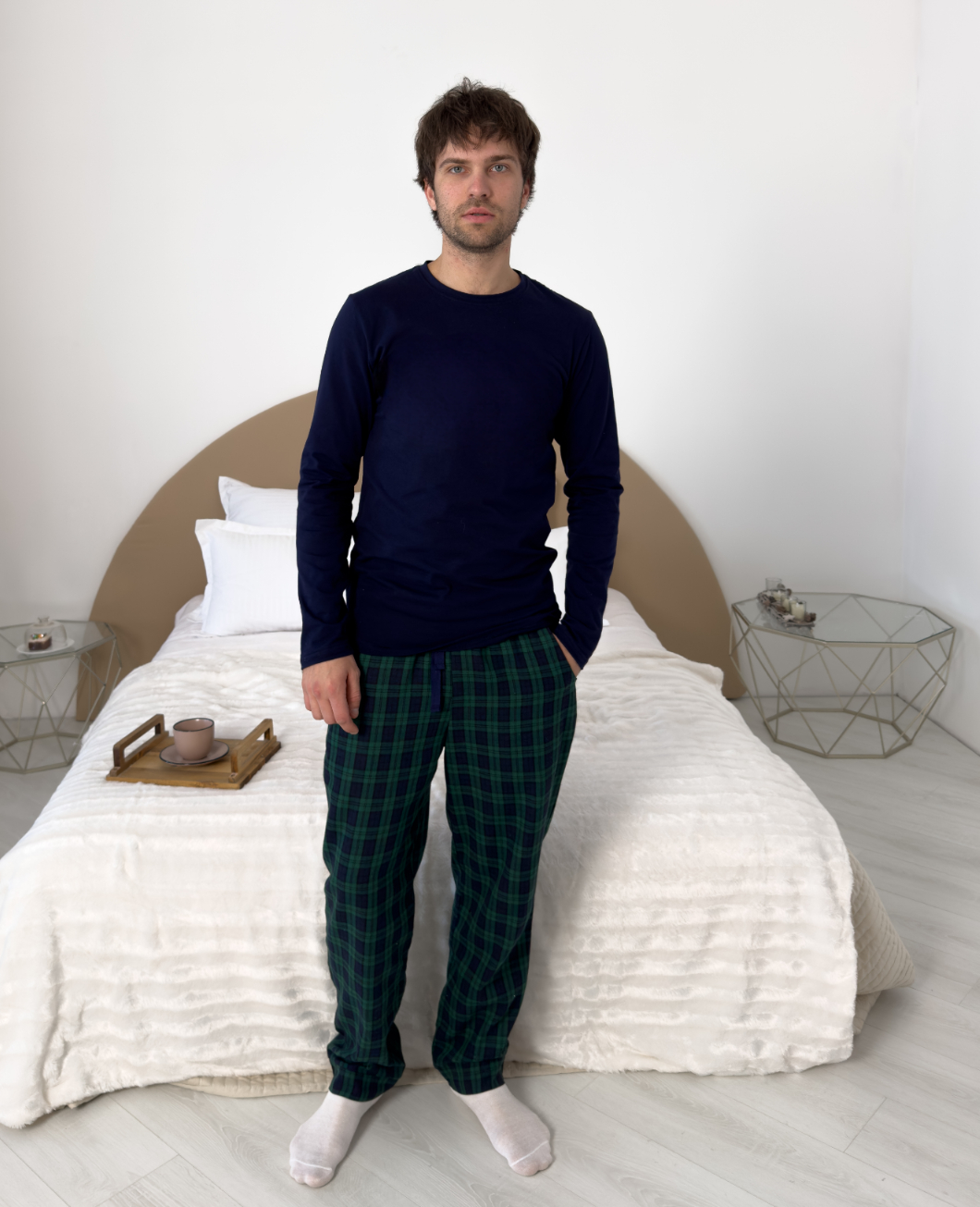 Ensemble pyjama en flanelle rouge et bleue pour homme avec poches