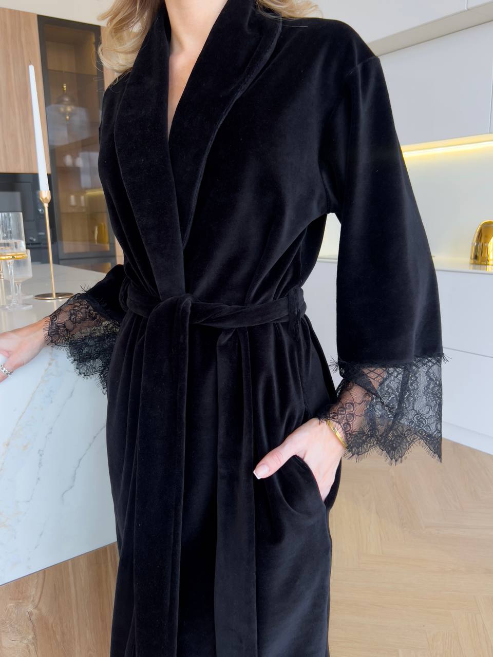 Black Velour Robe with Lace