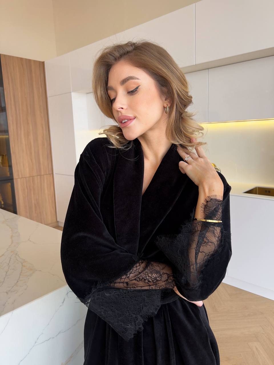 Black Velour Robe with Lace