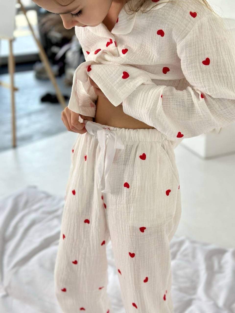 Girls Heart Print Cotton Pajama Set