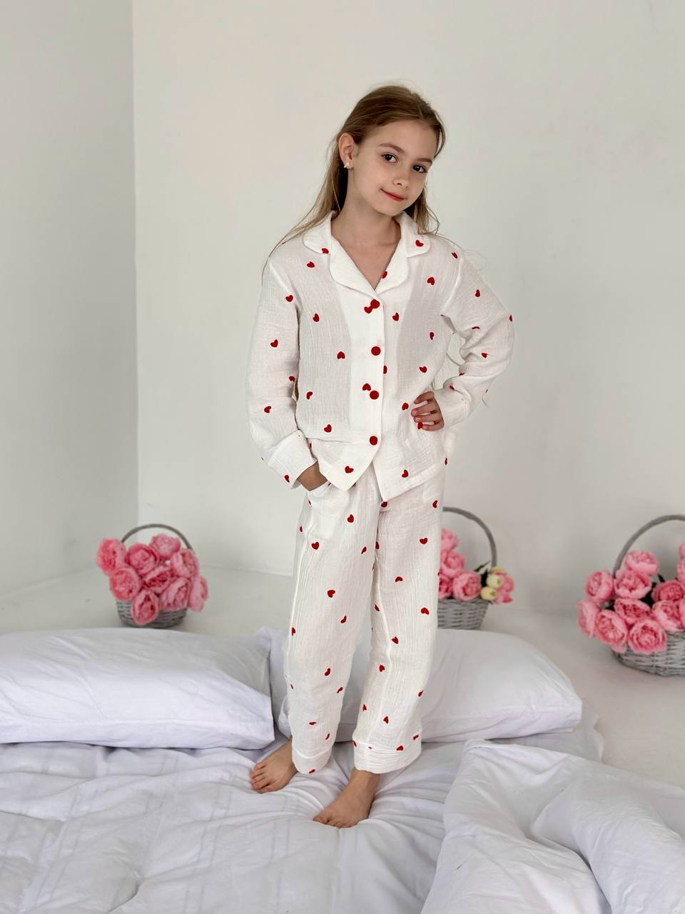Girls Heart Print Cotton Pajama Set