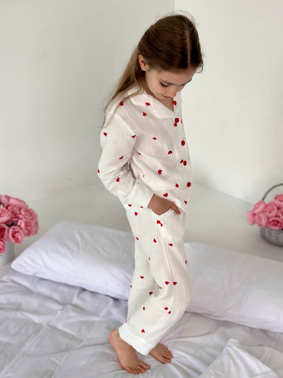 Girls Heart Print Cotton Pajama Set