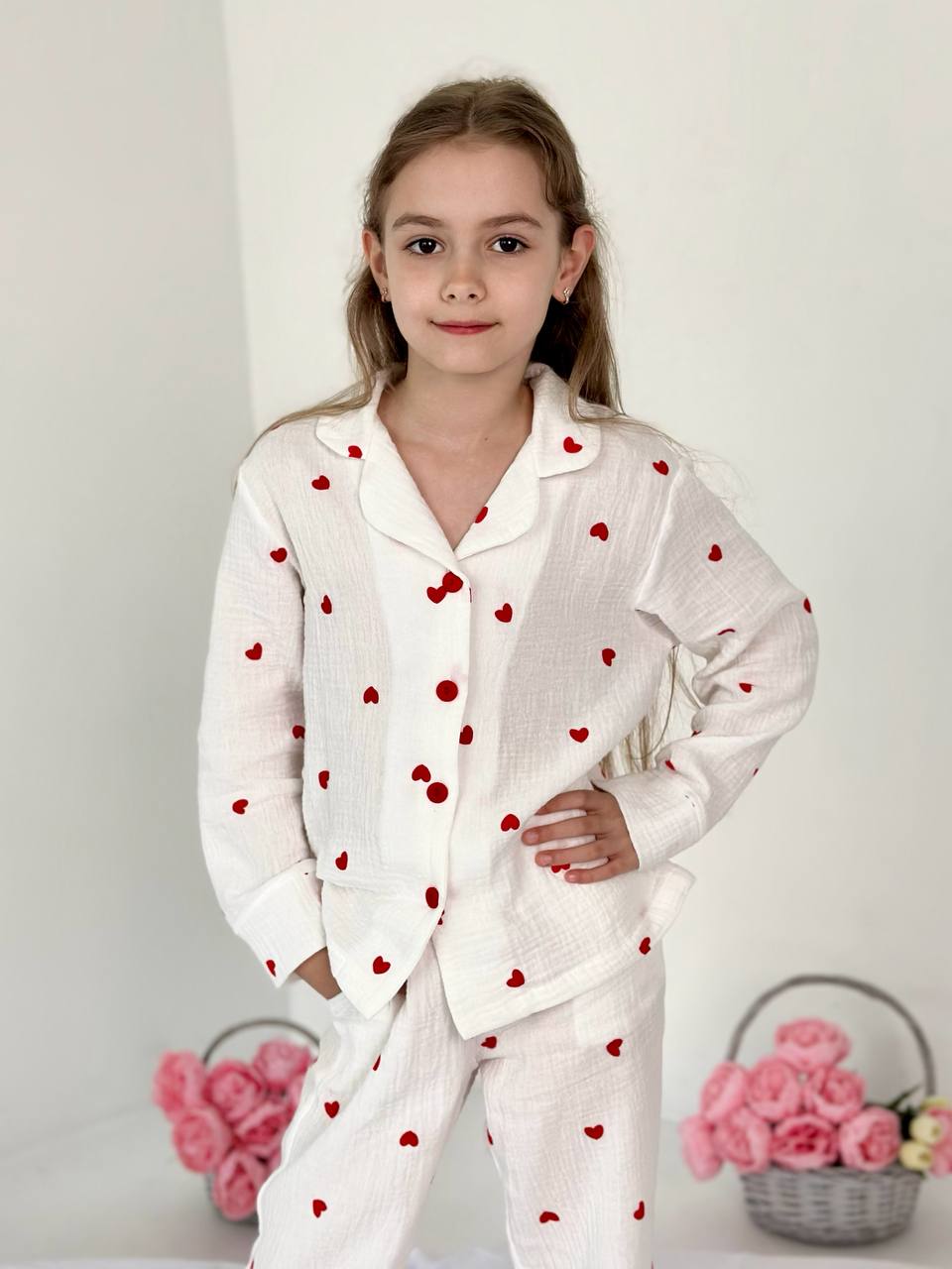 Girls Heart Print Cotton Pajama Set