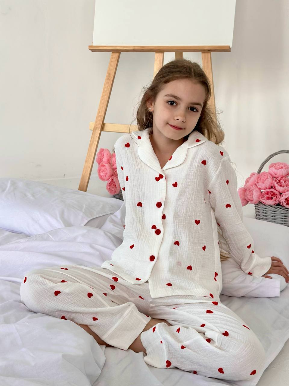Girls Heart Print Cotton Pajama Set