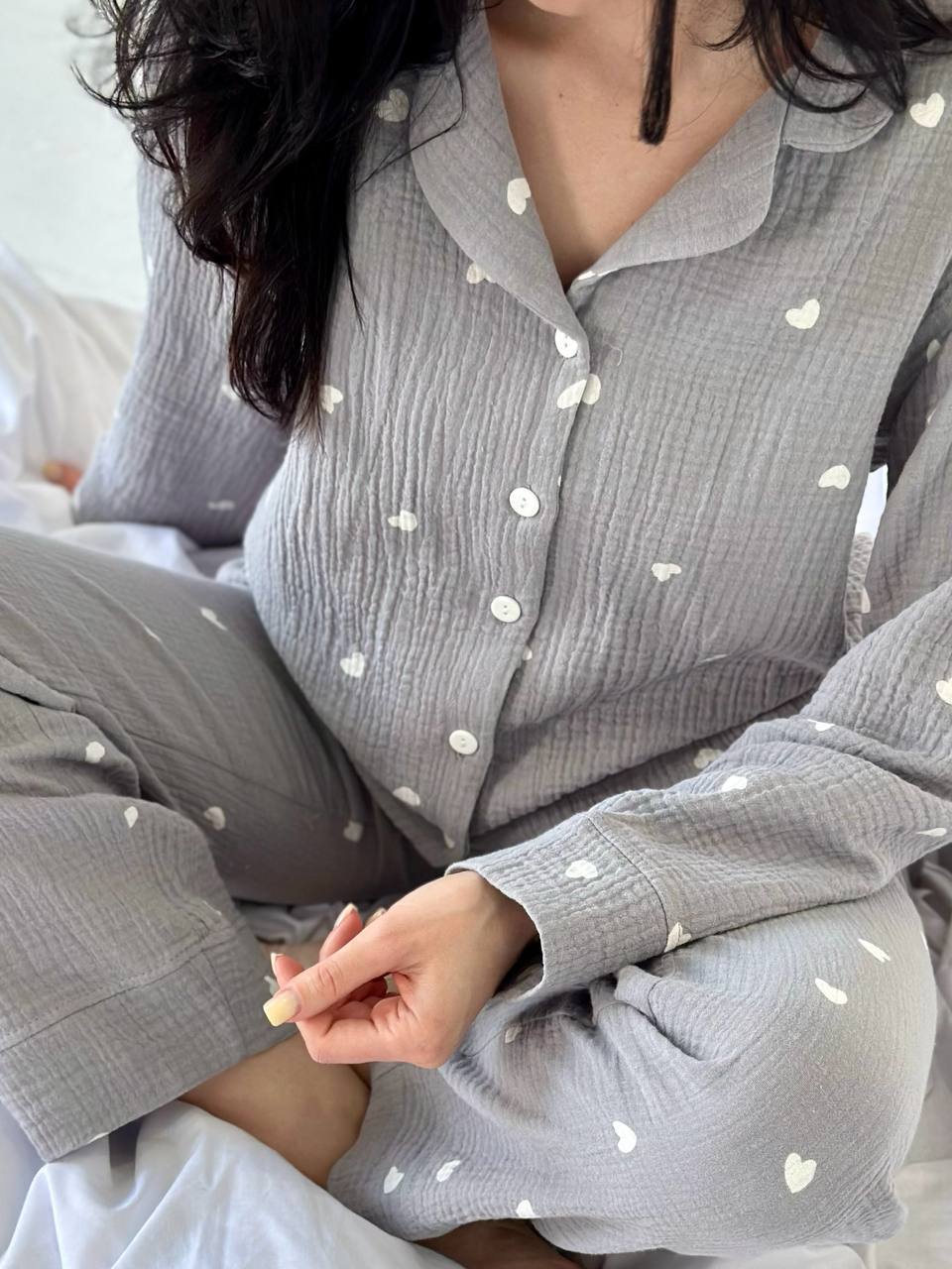 Women’s Grey Muslin Pajama Set with Hearts