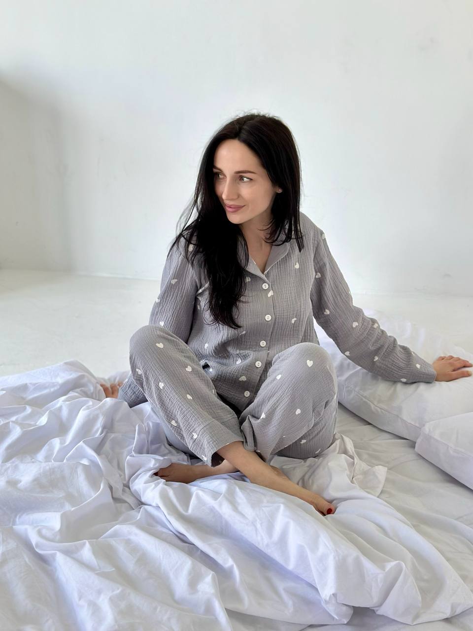 Women’s Grey Muslin Pajama Set with Hearts