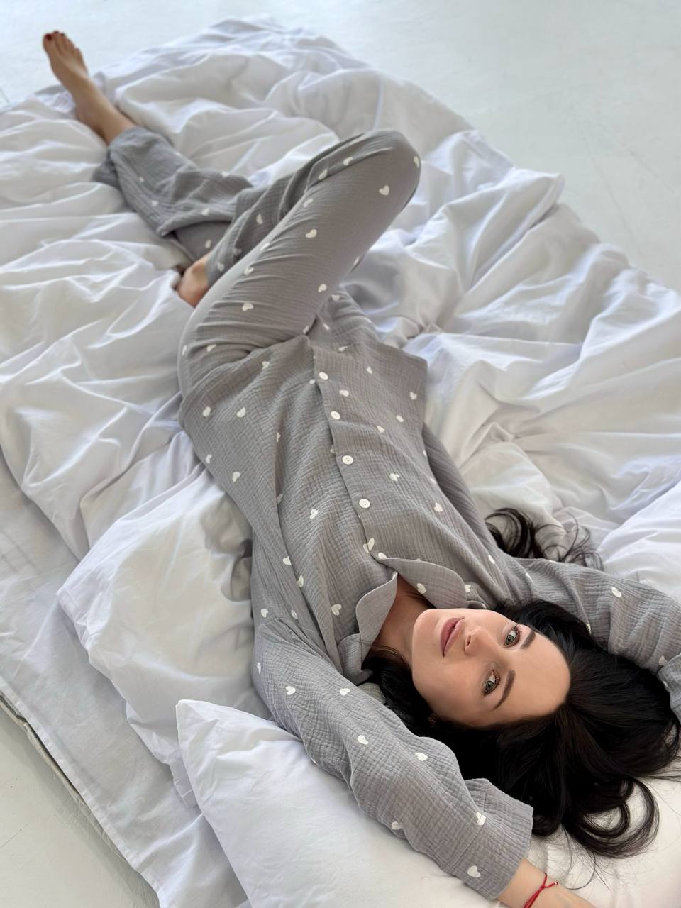 Women’s Grey Muslin Pajama Set with Hearts