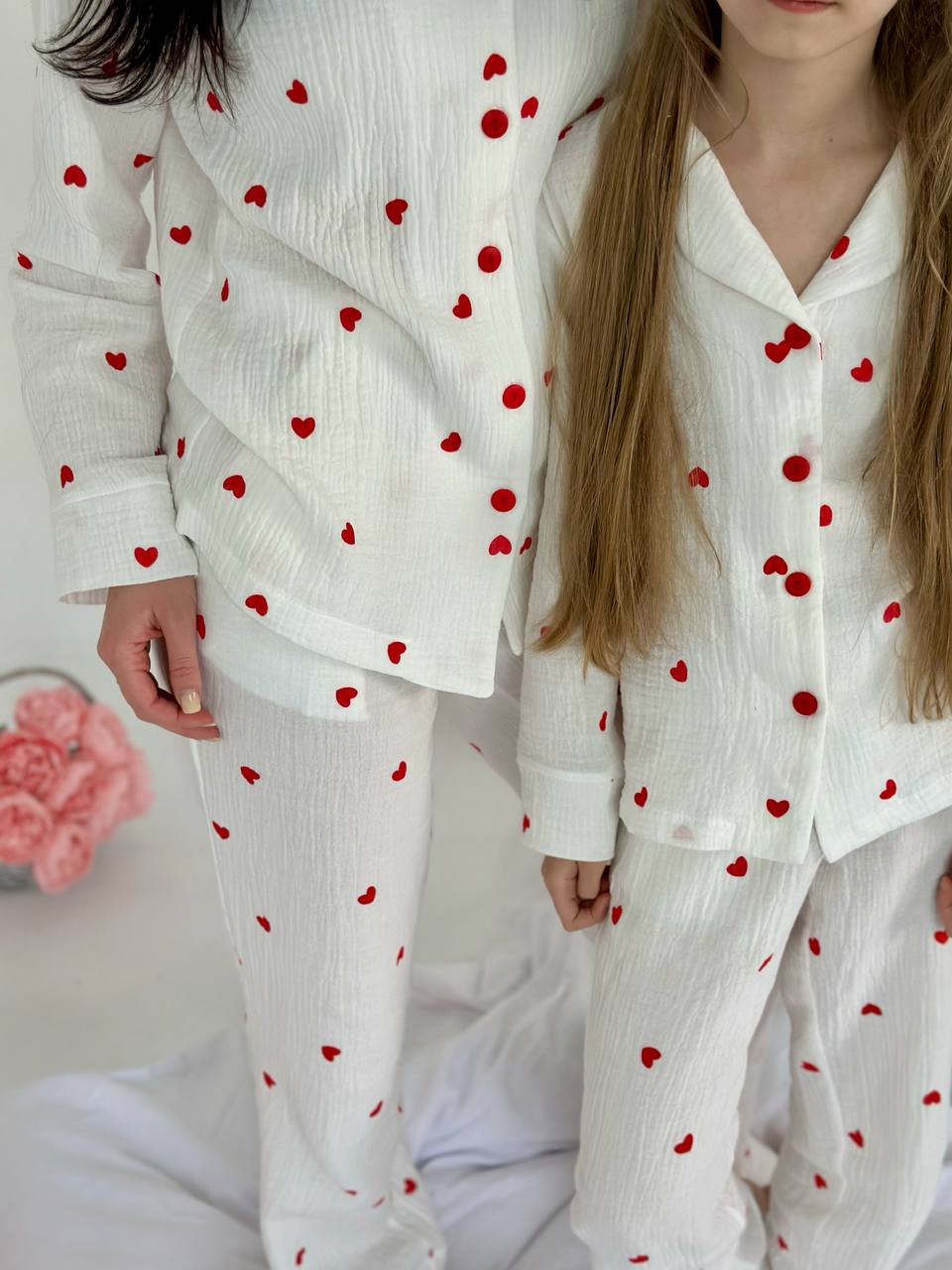 Matching Mommy & Me Pajamas – White with Red Hearts