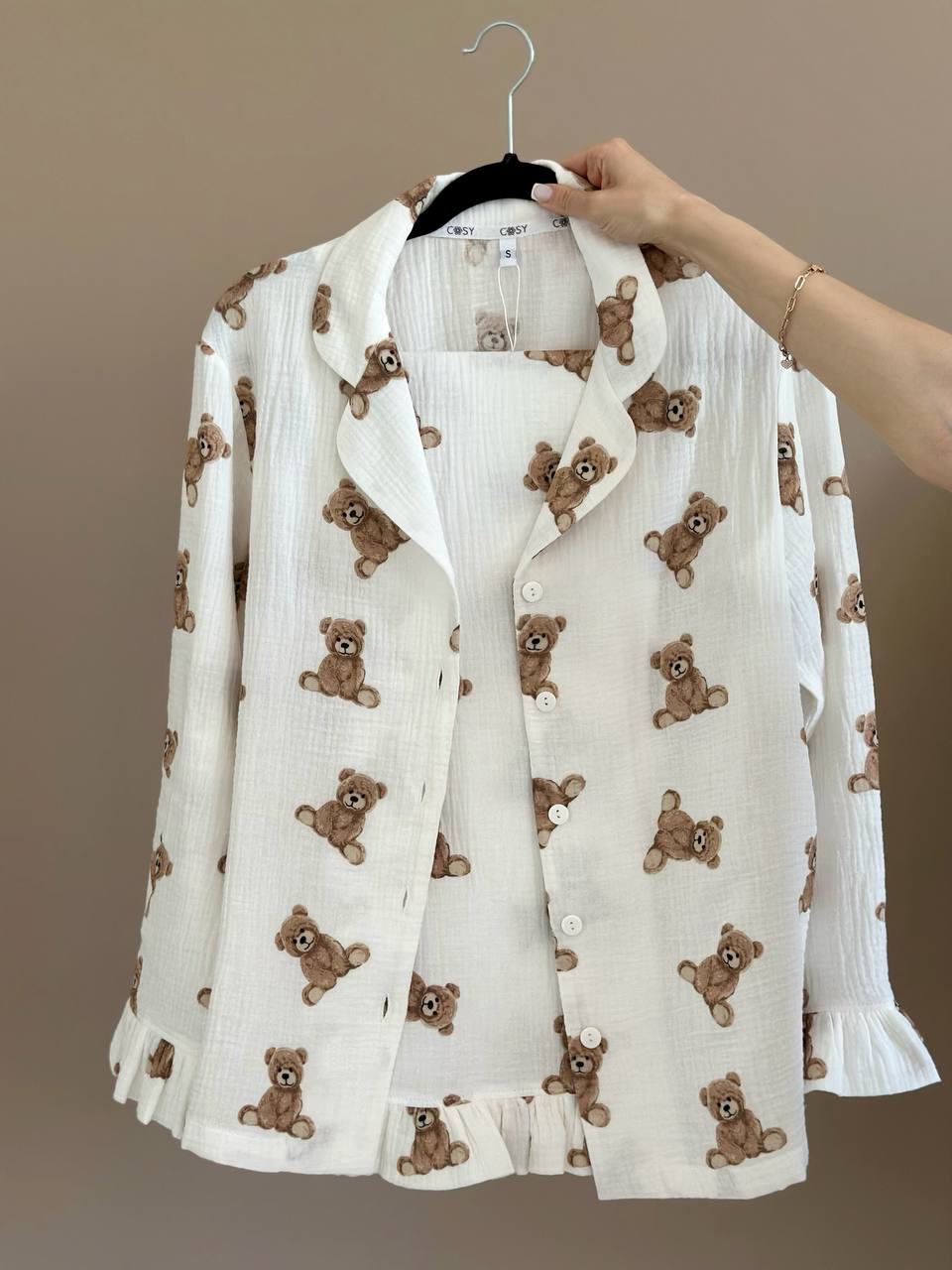 Teddy Bear Print Pajama Set Ruffle