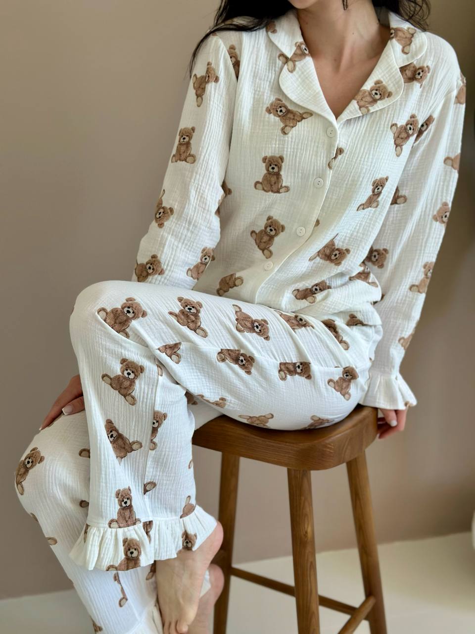 Teddy Bear Print Pajama Set Ruffle