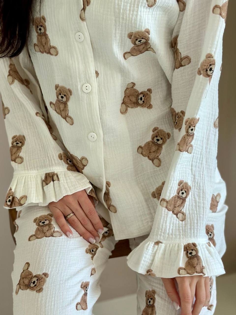 Teddy Bear Print Pajama Set Ruffle