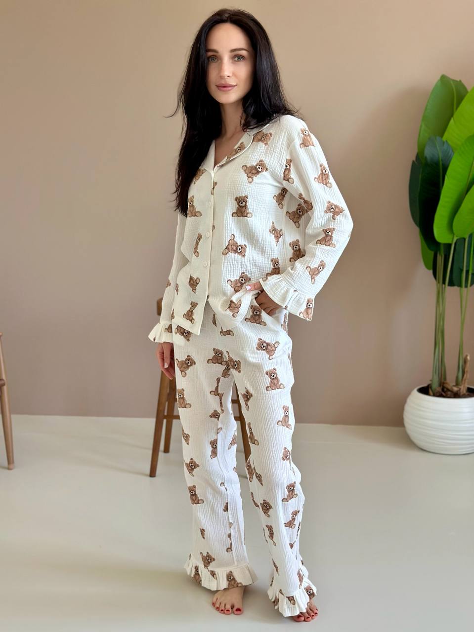 Teddy Bear Print Pajama Set Ruffle
