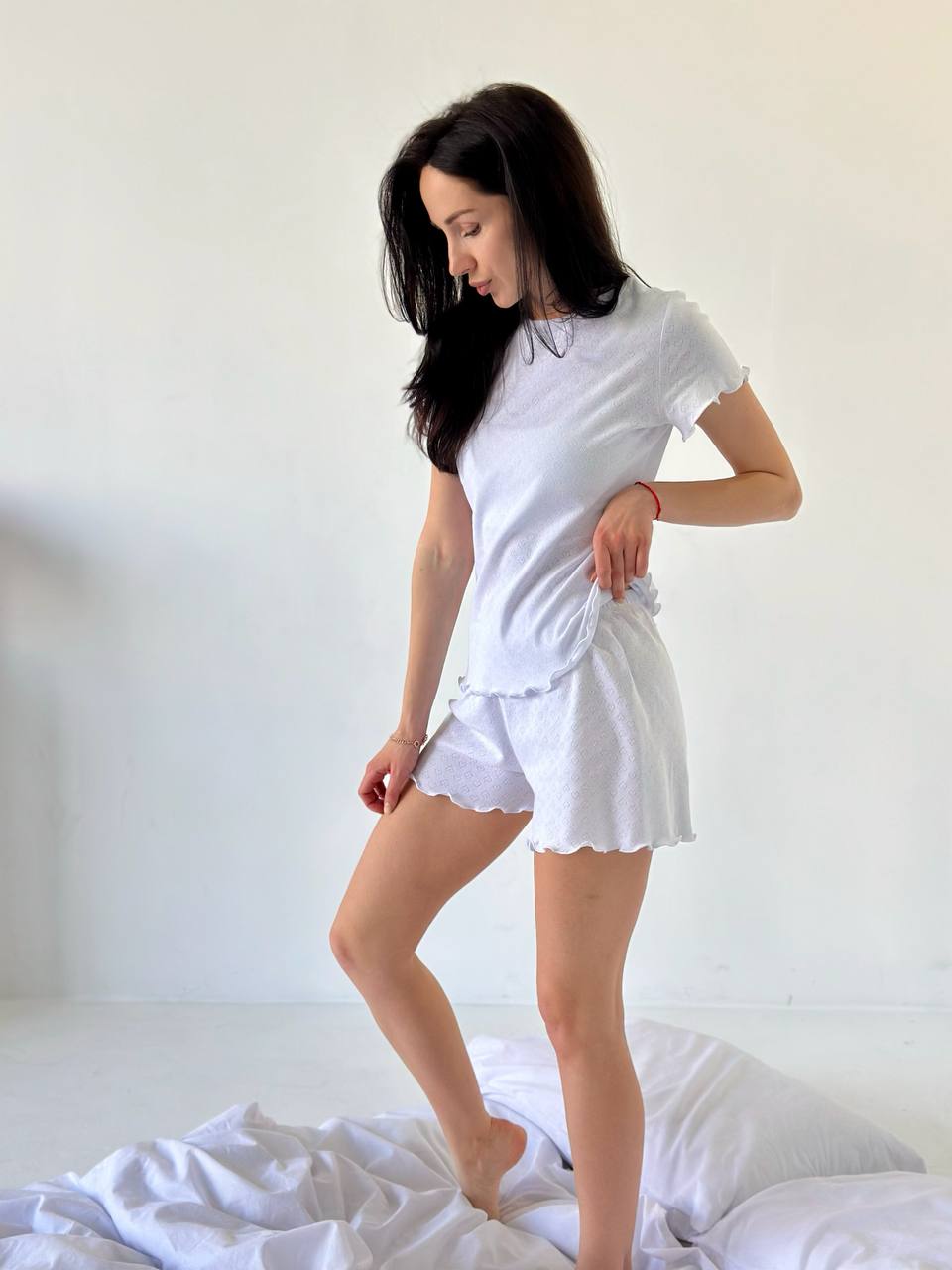 White Cotton Pajama Set- Short Sleeve & Shorts